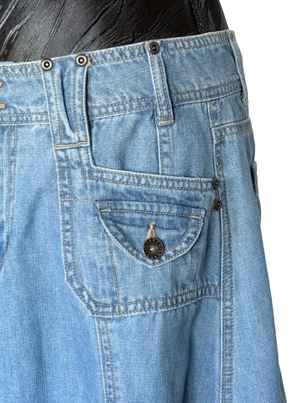Ghanda Vintage Utility Denim Maxi Skirt - Paneled Boho A-Line Light Wash - Picture 2 of 13